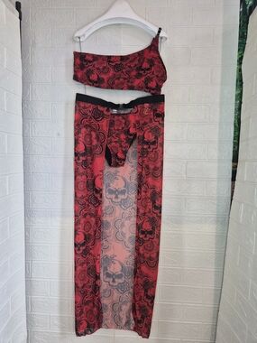 Unbranded goth bikini set, black red skull floral 3 piece Set mesh sarong cover